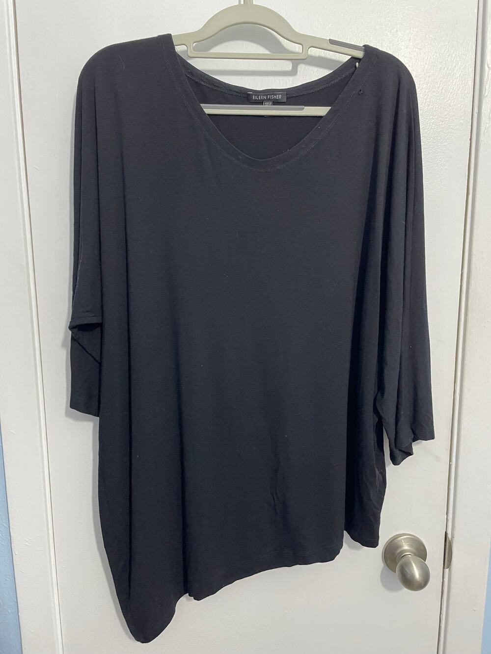 Eileen Fisher Blouse Large Black Jersey Knit 3/4 Dolman Sleeve Asymmetric Office